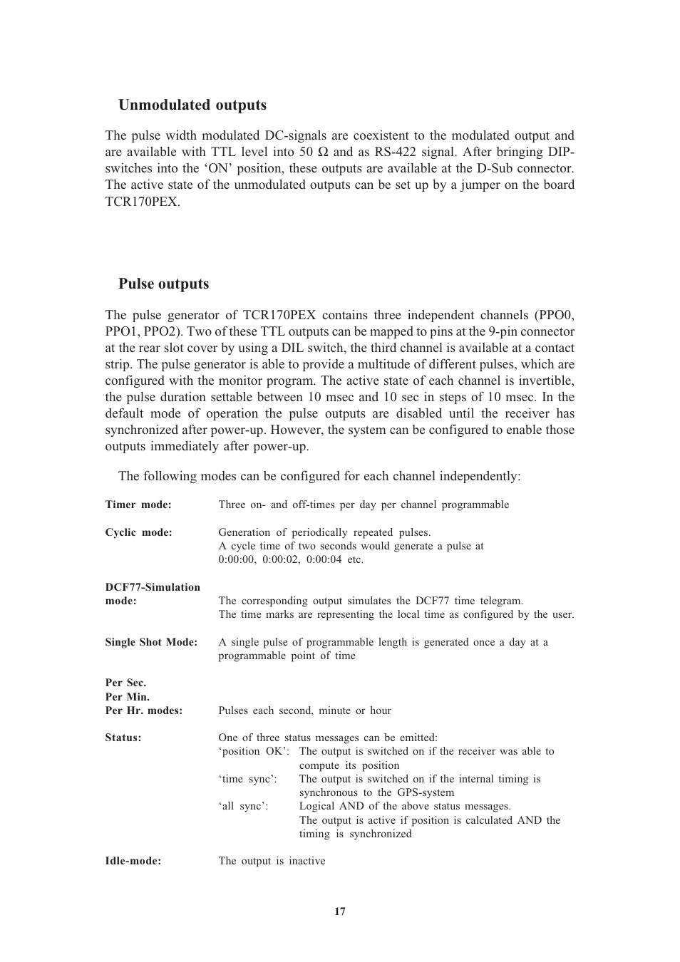 Unmodulated outputs, Pulse outputs | Meinberg TCR170PEX User Manual | Page 17 / 36