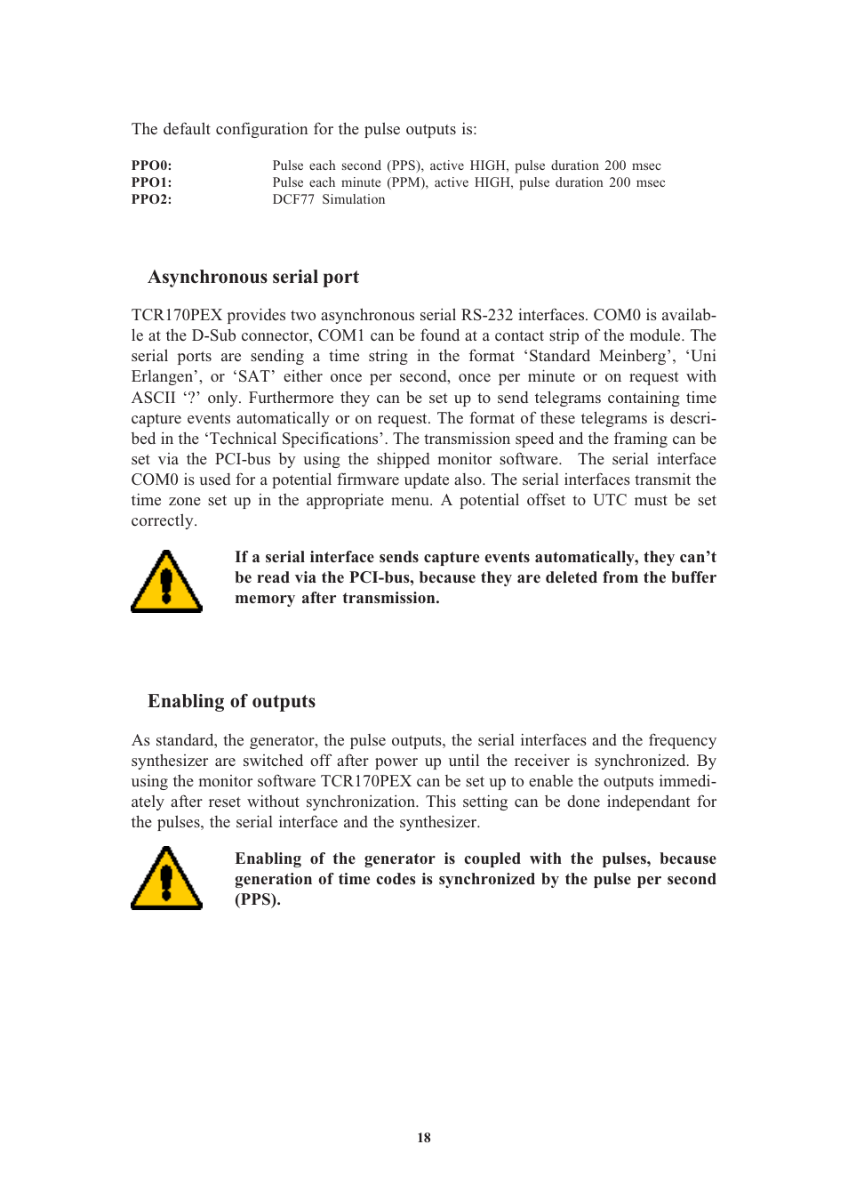 Asynchronous serial port, Enabling of outputs, Time capture inputs | Meinberg TCR170PEX User Manual | Page 18 / 36