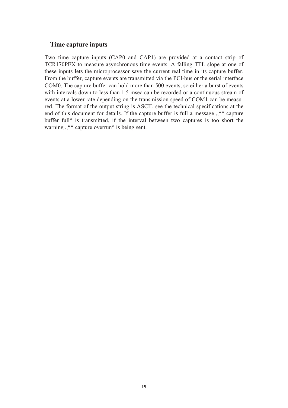 Time capture inputs, Connectors and leds in the bracket | Meinberg TCR170PEX User Manual | Page 19 / 36