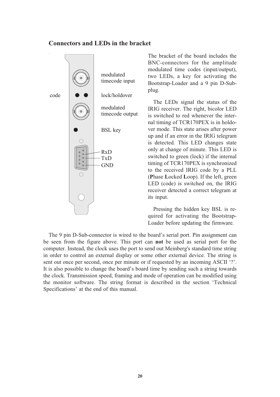 Connectors and leds in the bracket, Pin assignments of the d-sub connector | Meinberg TCR170PEX User Manual | Page 20 / 36