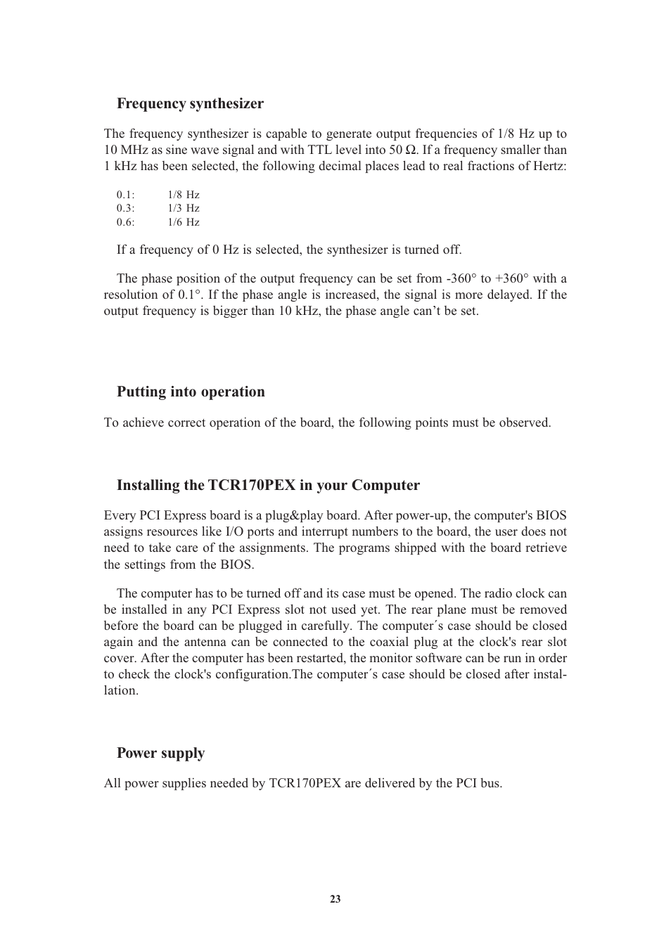 Frequency synthesizer, Putting into operation, Installing the tcr170pex in your computer | Power supply, Configuration of tcr170pex | Meinberg TCR170PEX User Manual | Page 23 / 36