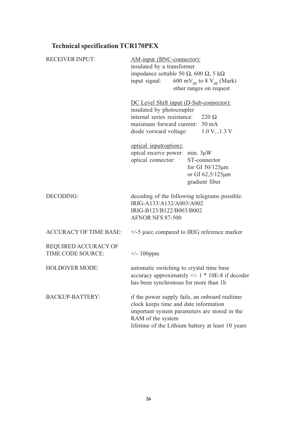 Technical specification tcr170pex | Meinberg TCR170PEX User Manual | Page 26 / 36