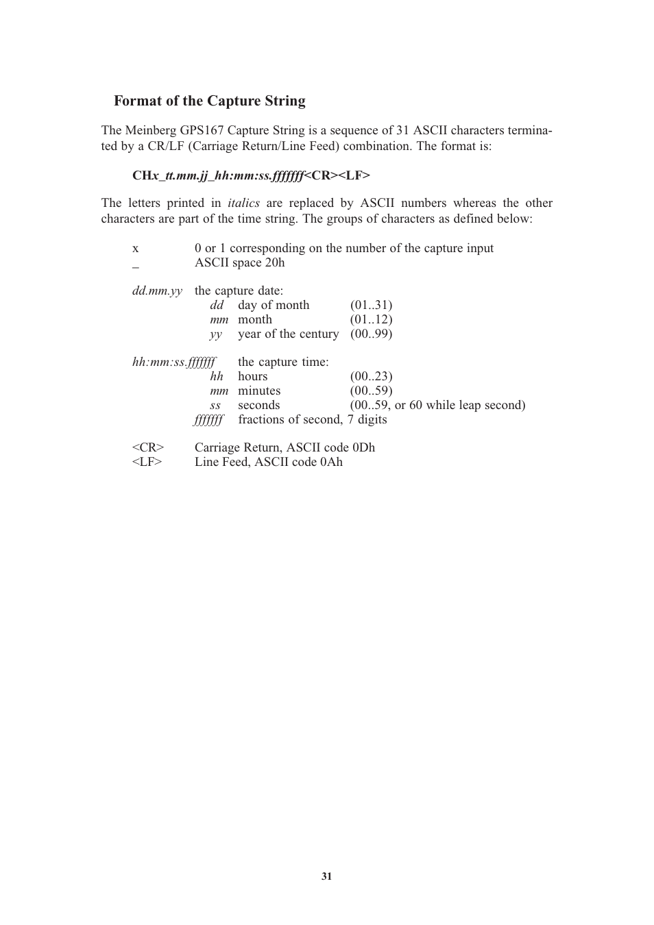 Format of the capture string, Format of the time string uni erlangen (ntp) | Meinberg TCR170PEX User Manual | Page 31 / 36