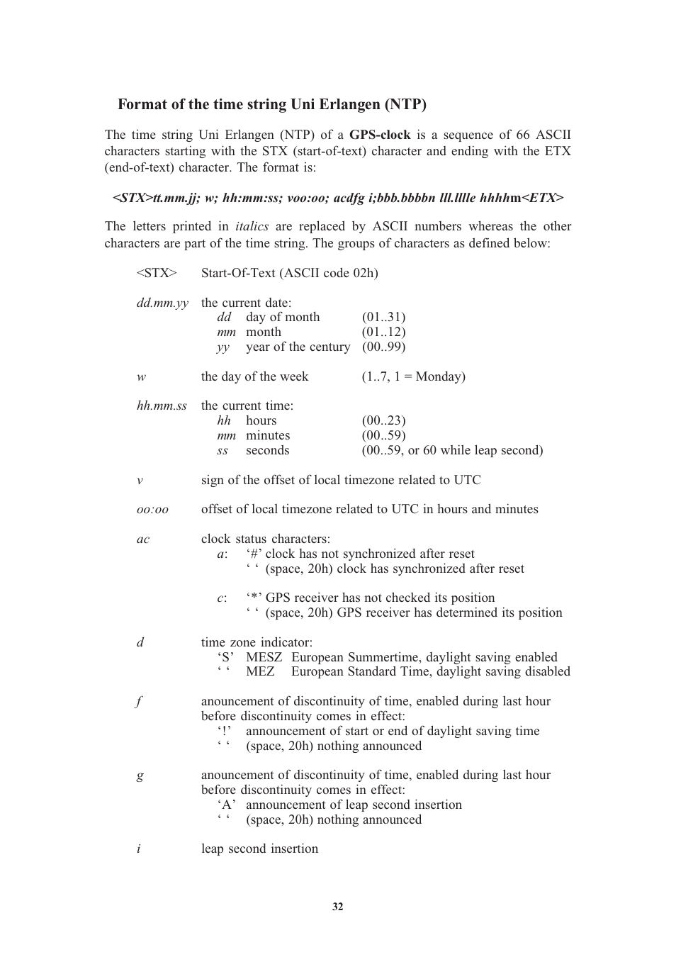 Format of the time string uni erlangen (ntp) | Meinberg TCR170PEX User Manual | Page 32 / 36