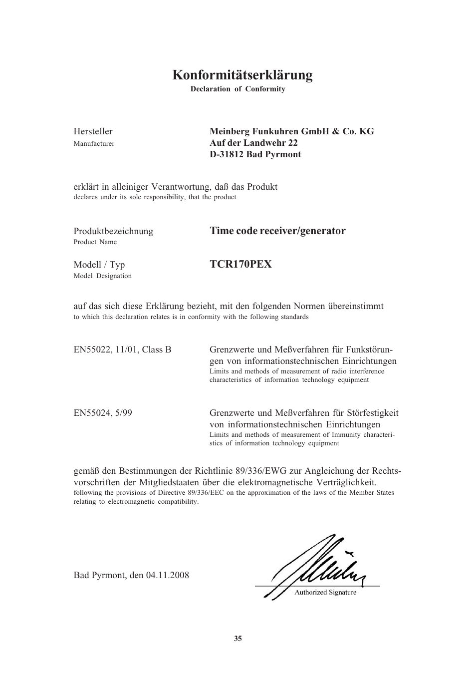 Konformitätserklärung, Time code receiver/generator, Tcr170pex | Meinberg TCR170PEX User Manual | Page 35 / 36