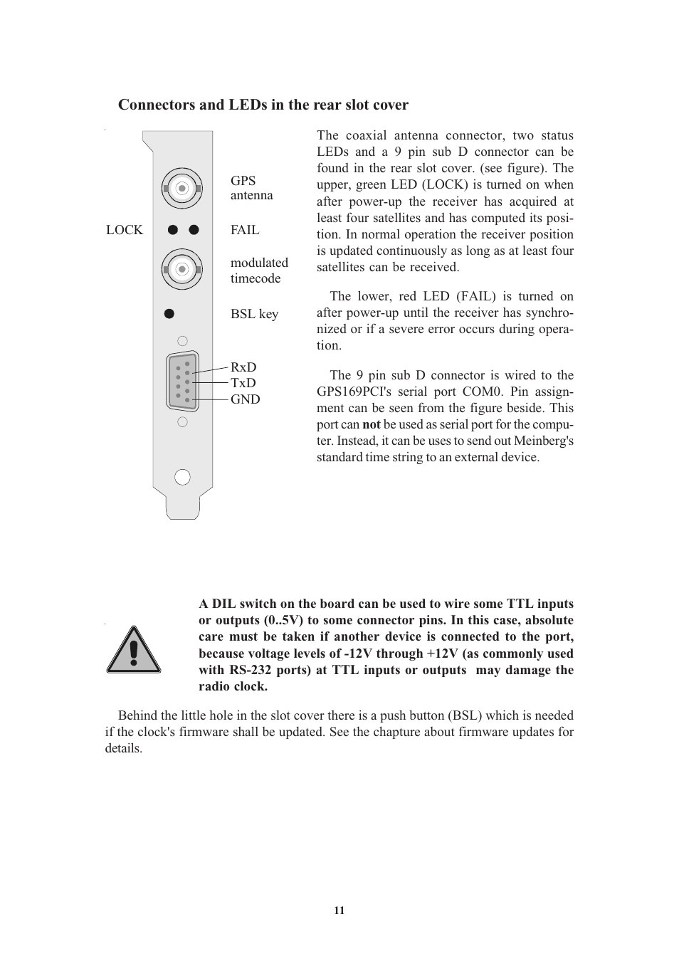 Connectors and leds in the rear slot cover, Installing the radio clock | Meinberg GPS169PCI User Manual | Page 11 / 34