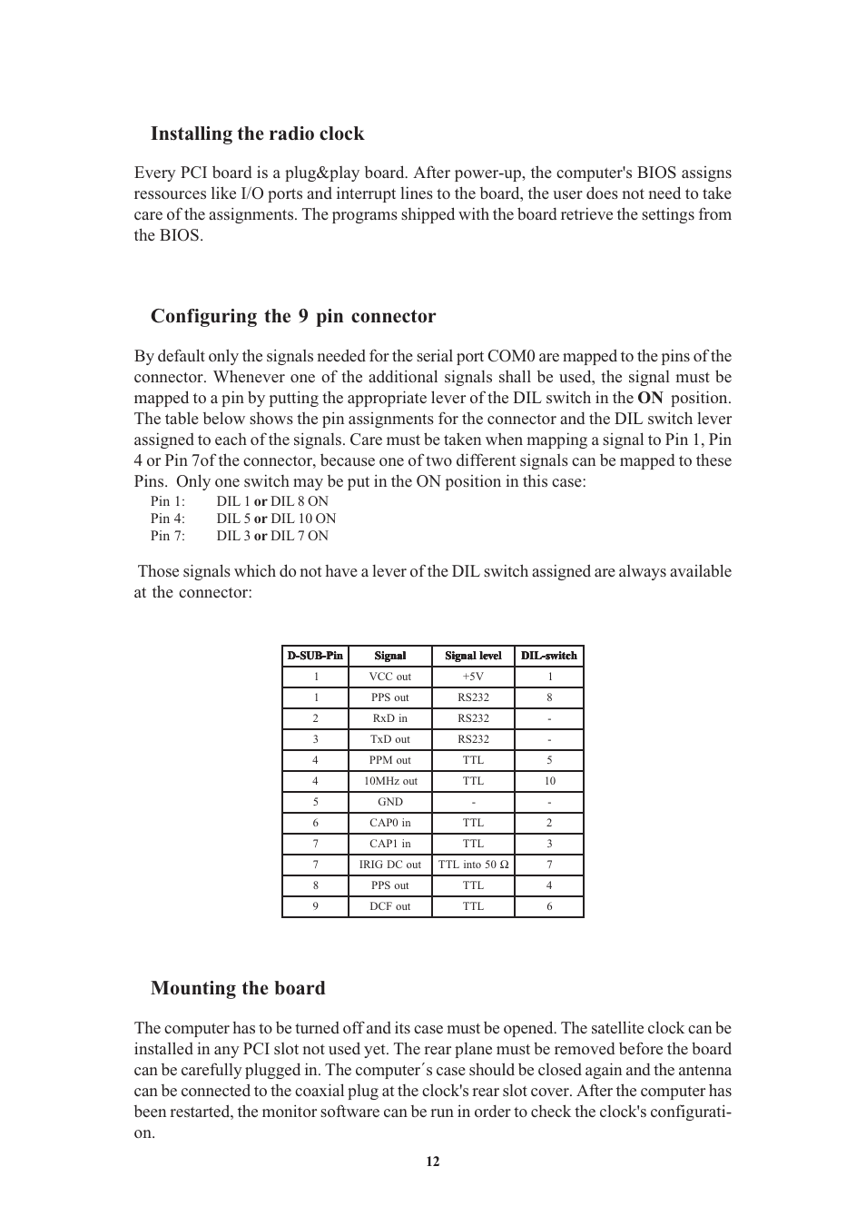 Installing the radio clock, Configuring the 9 pin connector, Mounting the board | Mounting the antenna | Meinberg GPS169PCI User Manual | Page 12 / 34