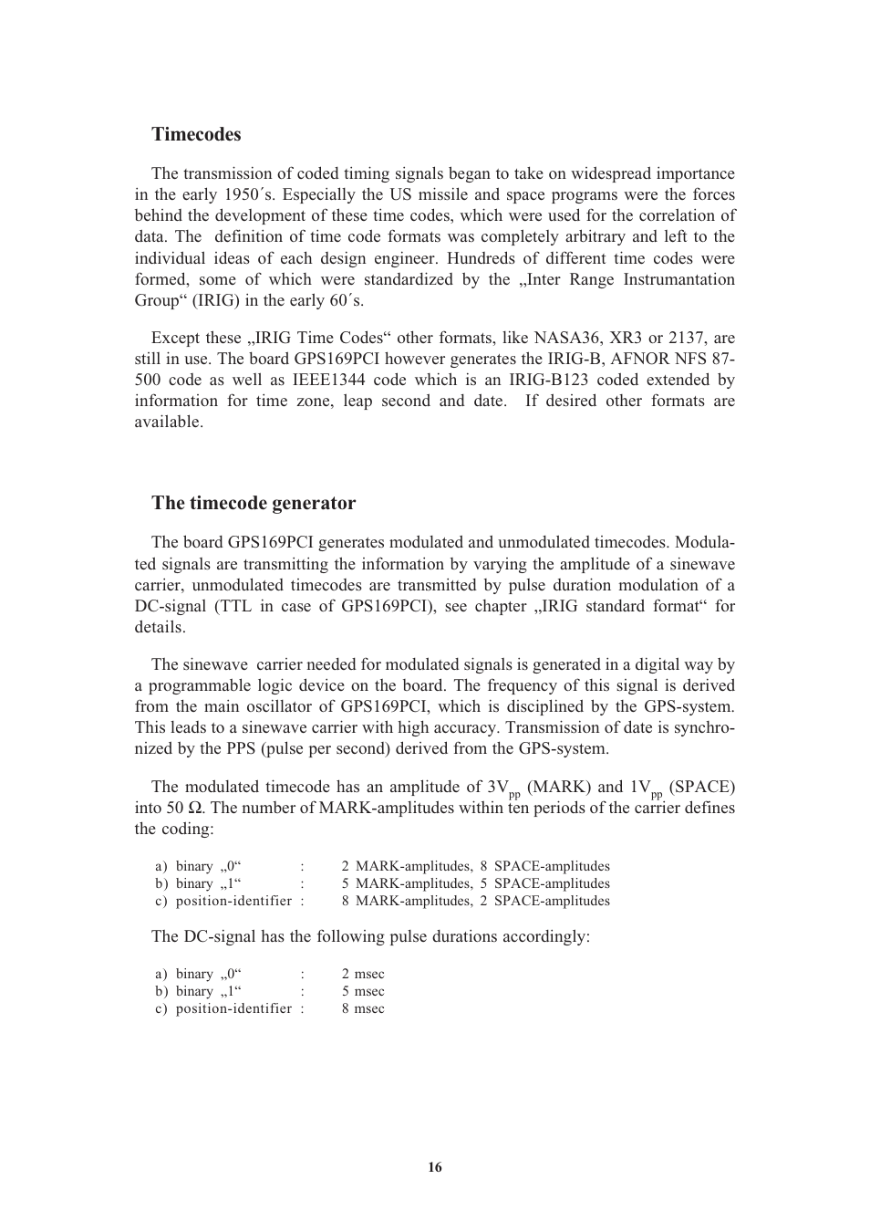 Timecodes, The timecode generator, Irig standard format | Afnor-standard format | Meinberg GPS169PCI User Manual | Page 16 / 34