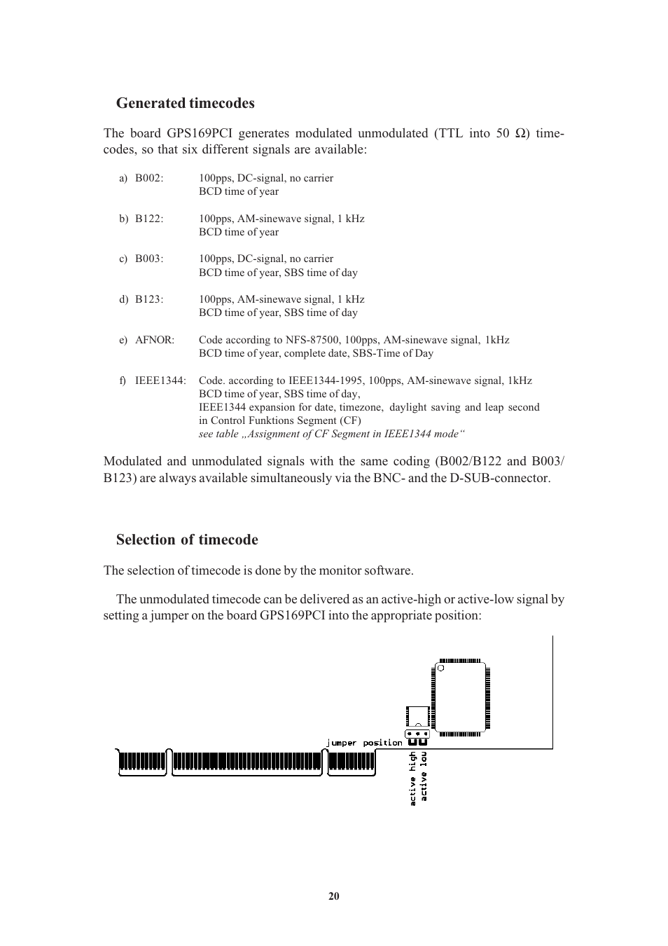 Generated timecodes, Selection of timecode, Technical specifications gps169pci | Meinberg GPS169PCI User Manual | Page 20 / 34