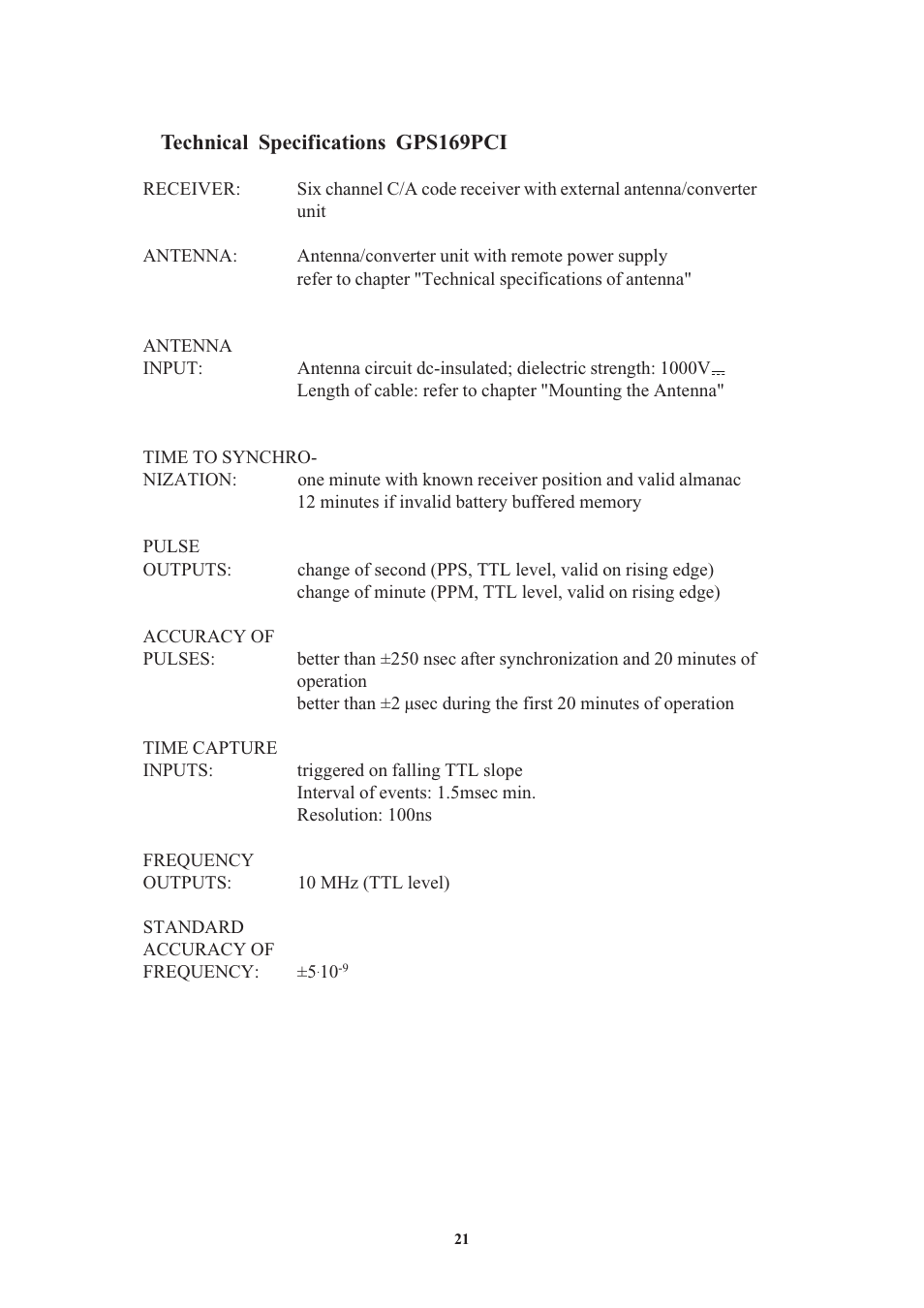 Technical specifications gps169pci | Meinberg GPS169PCI User Manual | Page 21 / 34