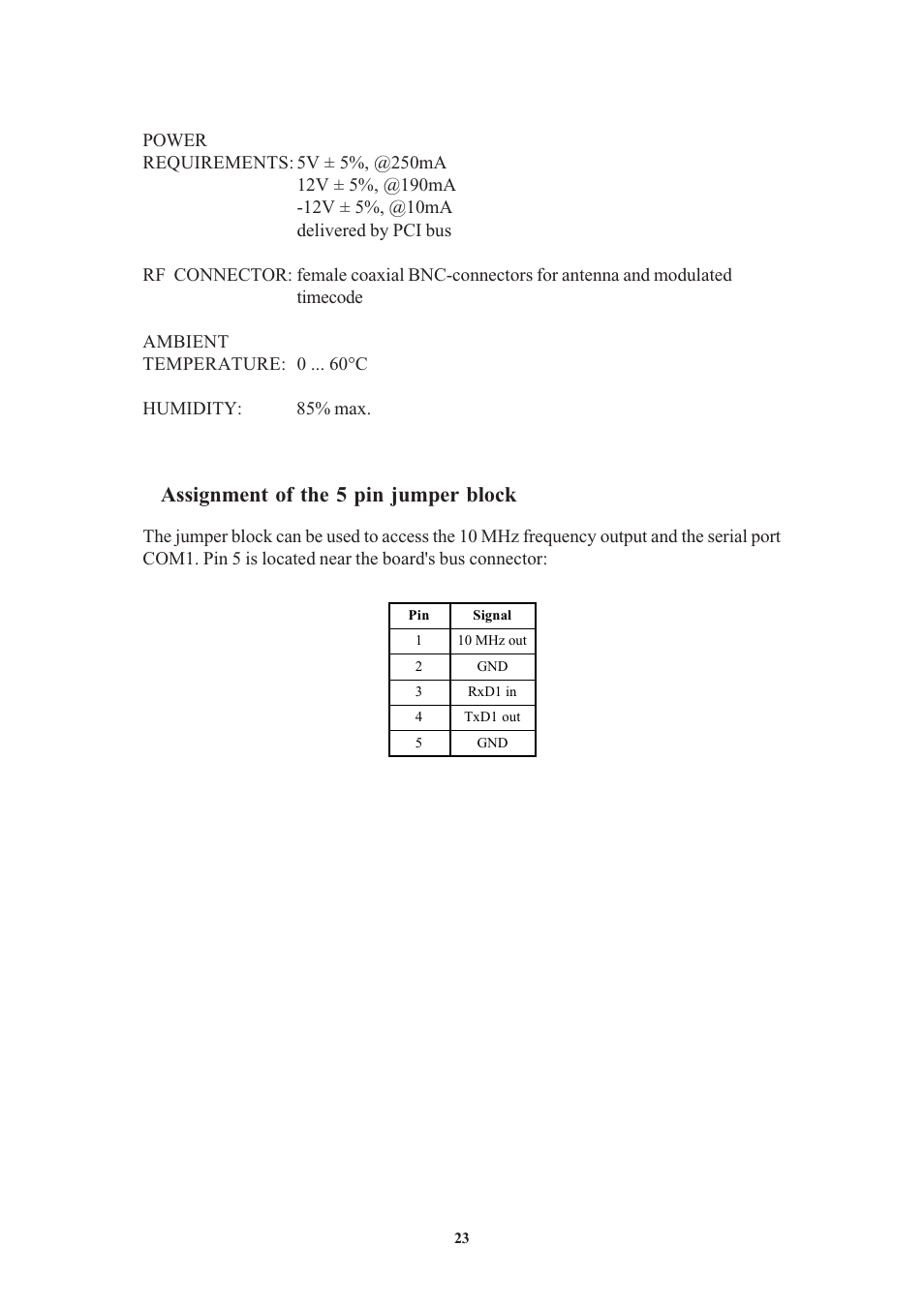 Assignment of the 5 pin jumper block, Technical specifications of antenna | Meinberg GPS169PCI User Manual | Page 23 / 34