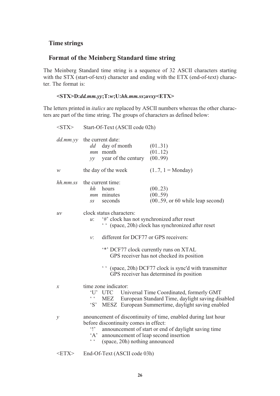 Time strings, Format of the meinberg standard time string, Format of the meinberg capture string | Meinberg GPS169PCI User Manual | Page 26 / 34