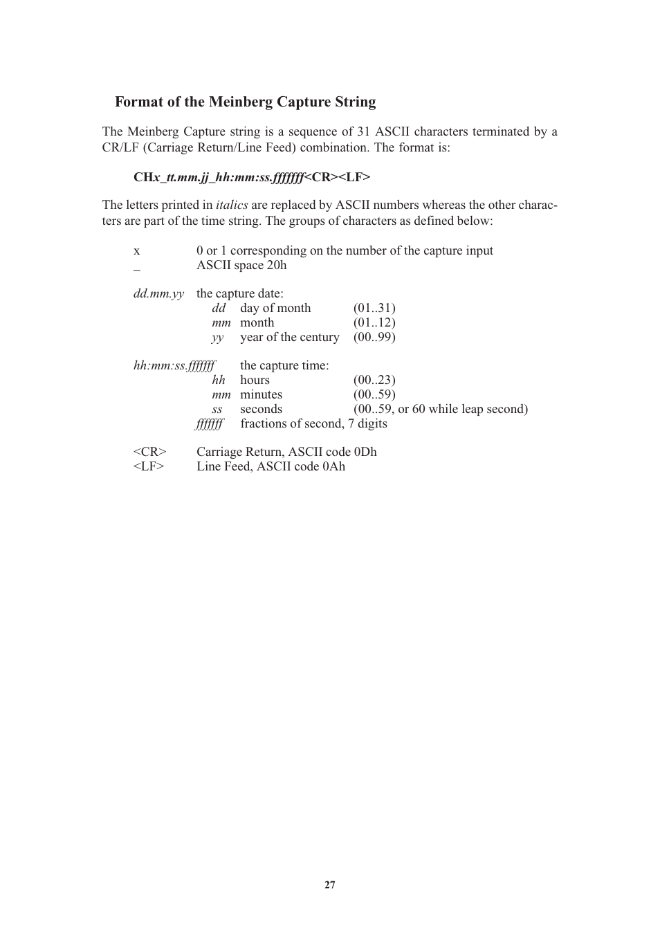 Format of the meinberg capture string, Format of the sat-time string | Meinberg GPS169PCI User Manual | Page 27 / 34