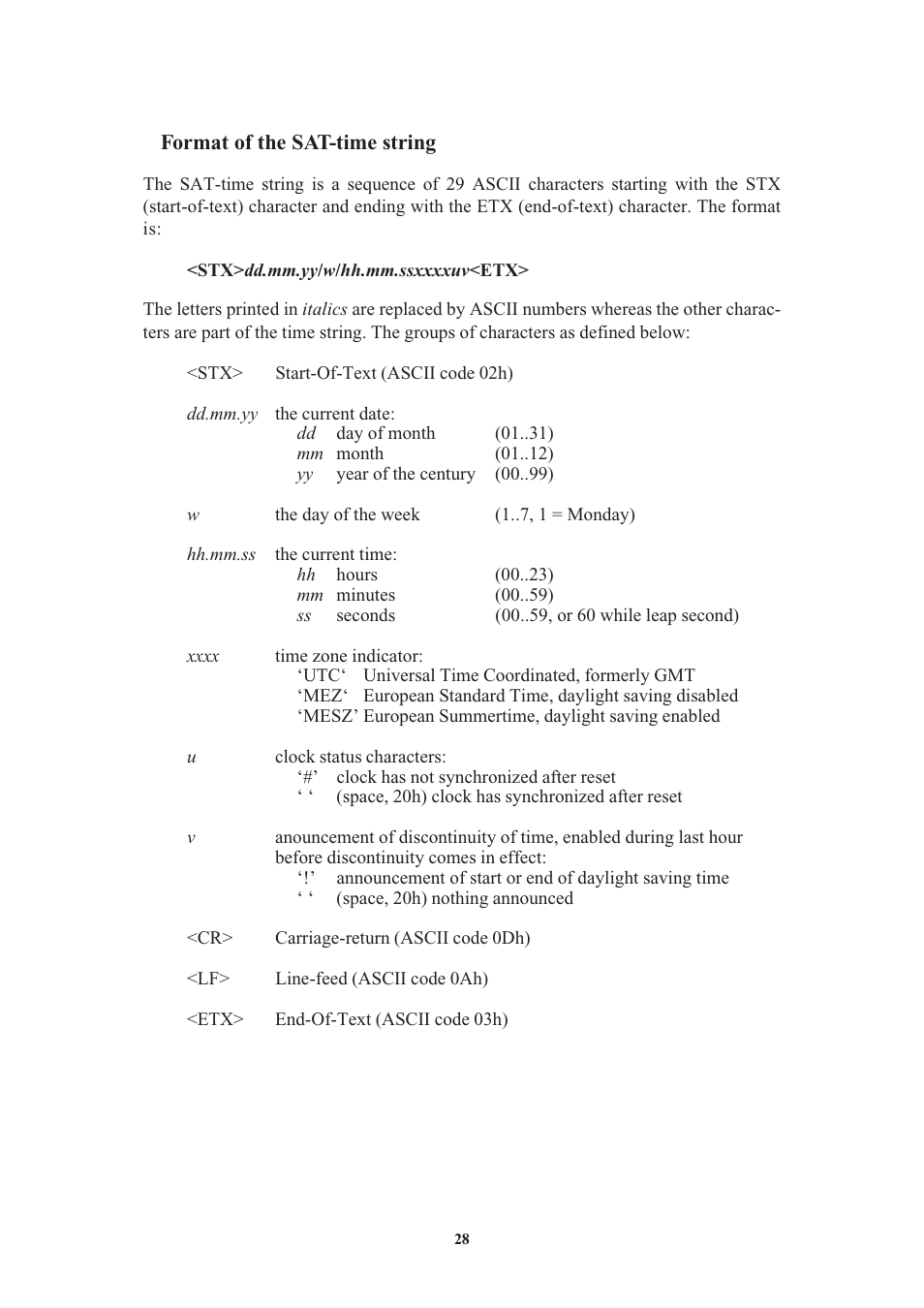 Format of the sat-time string, Format of the nmea 0183 string (rmc) | Meinberg GPS169PCI User Manual | Page 28 / 34