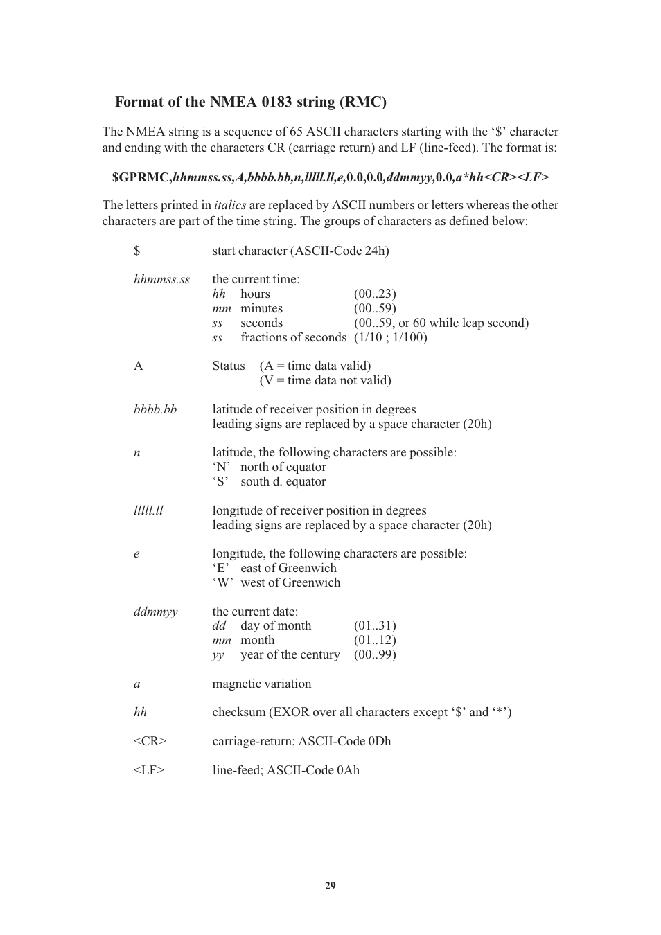 Format of the nmea 0183 string (rmc), Format of the uni erlangen string (ntp) | Meinberg GPS169PCI User Manual | Page 29 / 34