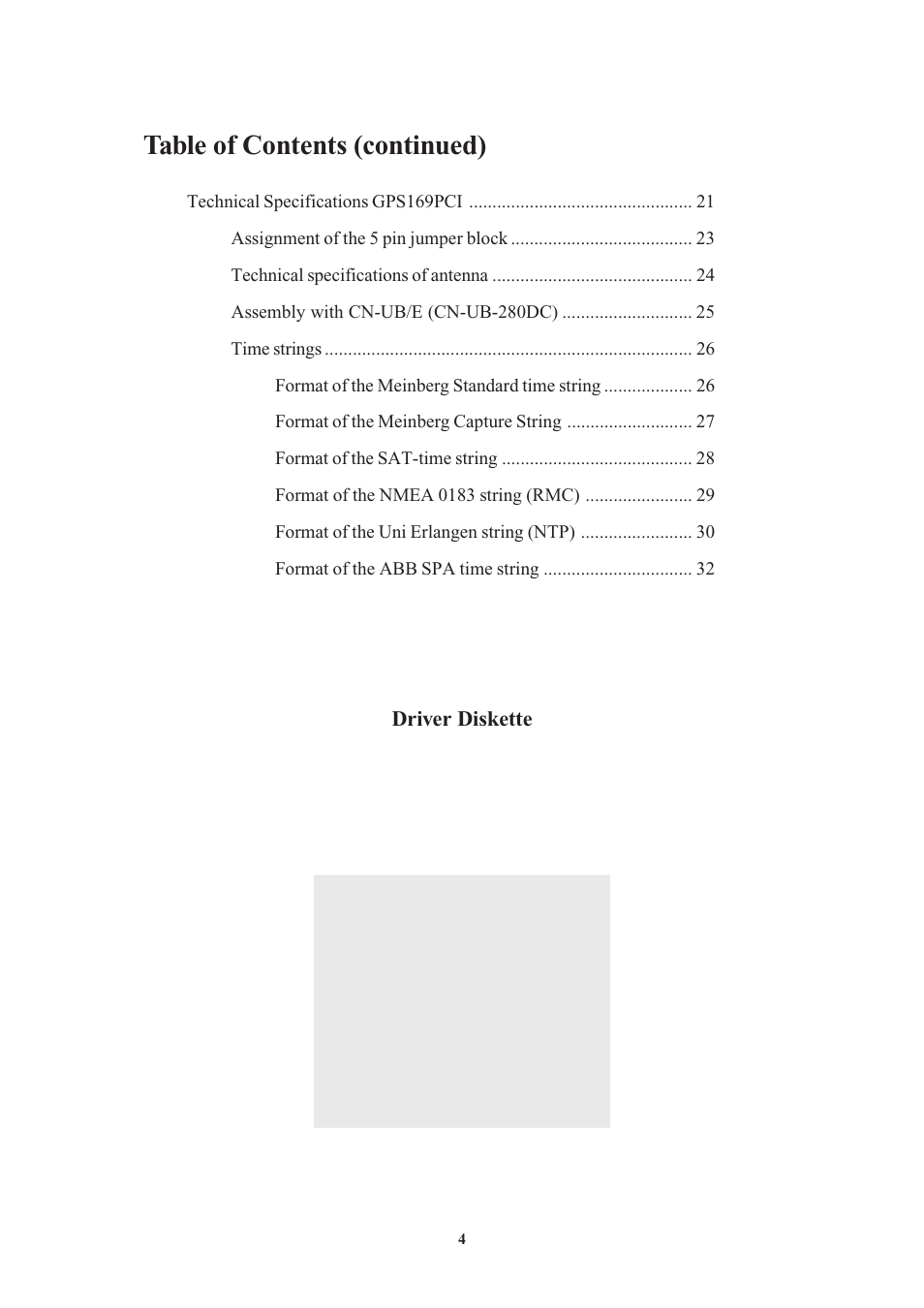 Driver diskette, Table of contents (continued) | Meinberg GPS169PCI User Manual | Page 4 / 34