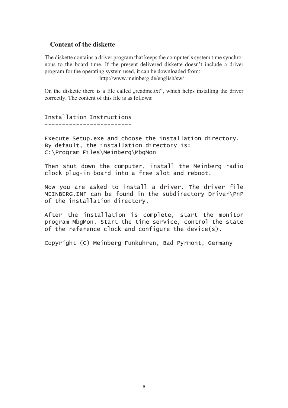 Content of the diskette | Meinberg GPS169PCI User Manual | Page 5 / 34