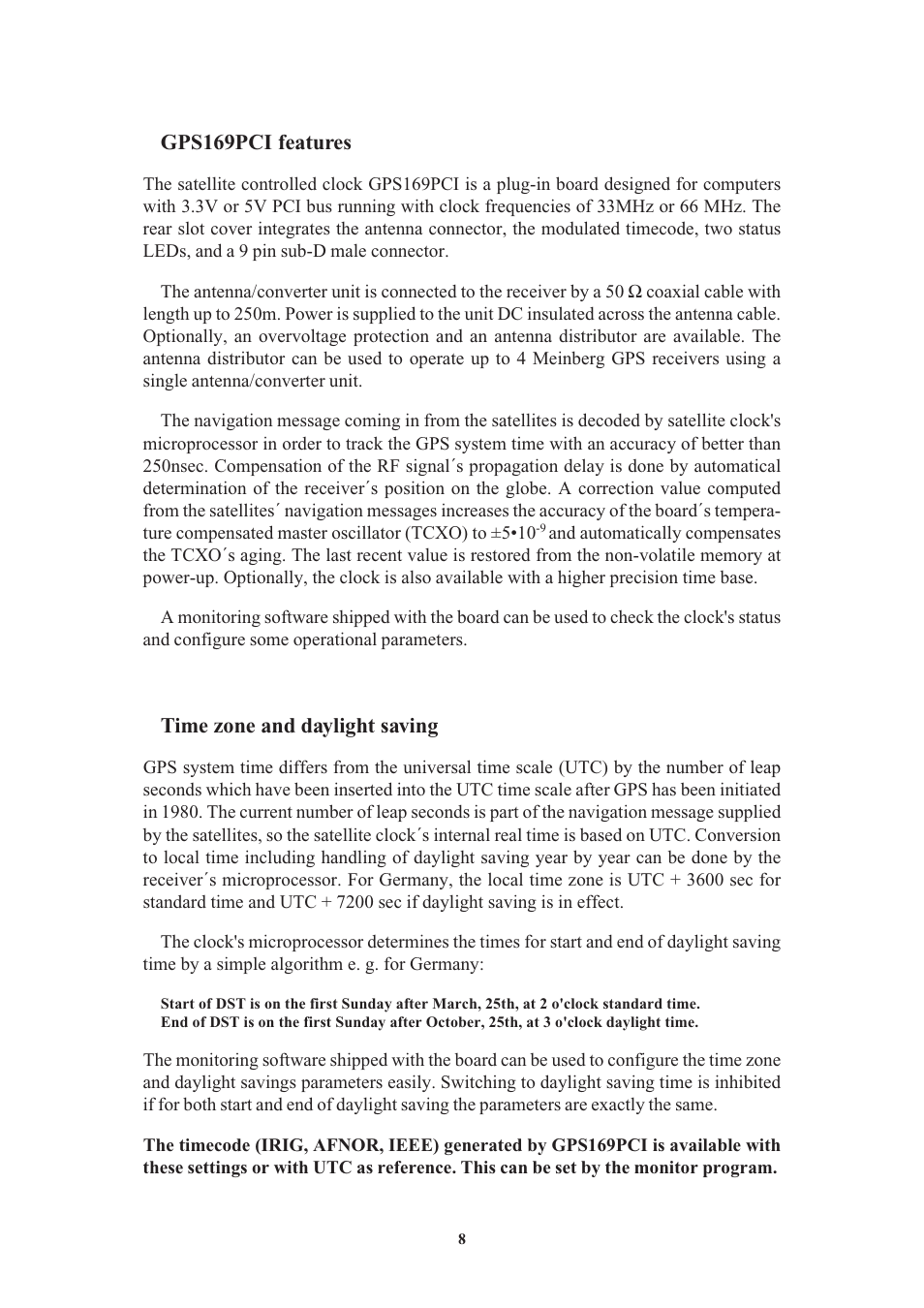 Gps169pci features, Time zone and daylight saving, Asynchronous serial ports | Meinberg GPS169PCI User Manual | Page 8 / 34