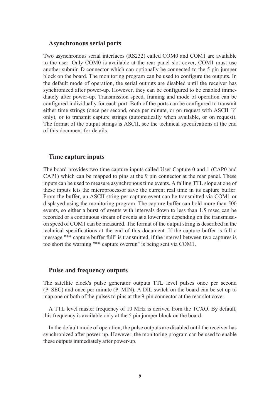 Asynchronous serial ports, Time capture inputs, Pulse and frequency outputs | Dcf77 emulation | Meinberg GPS169PCI User Manual | Page 9 / 34
