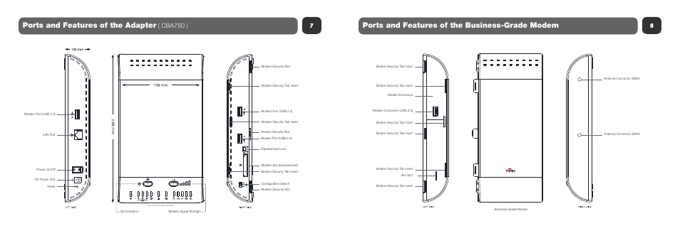 Ports and features of the adapter, Ports and features of the business-grade modem, Cba750 ) | Cradlepoint CBA750 User Manual | Page 5 / 11