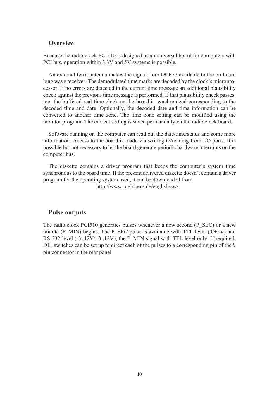 Overview, Pulse outputs, Block diagram pci510 | Meinberg DCF77 PCI510 User Manual | Page 10 / 22