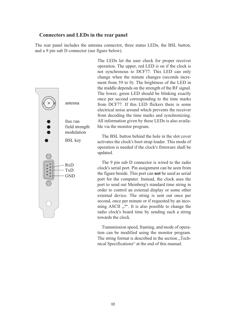 Connectors and leds in the rear panel, Pin assignments of the 9 pin connector | Meinberg DCF77 PCI510 User Manual | Page 12 / 22