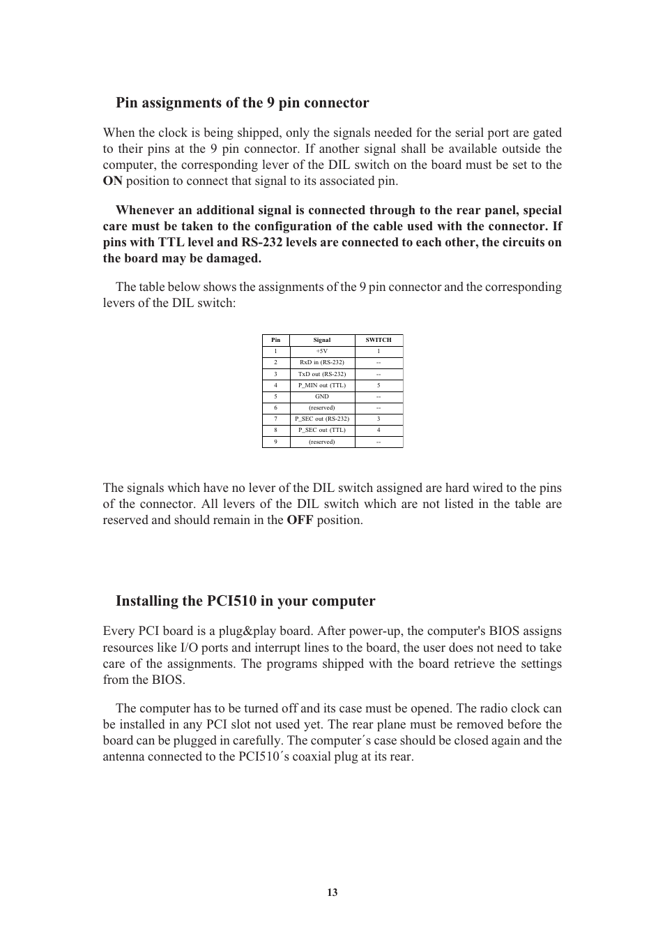 Pin assignments of the 9 pin connector, Installing the pci510 in your computer, Aligning the antenna | Meinberg DCF77 PCI510 User Manual | Page 13 / 22