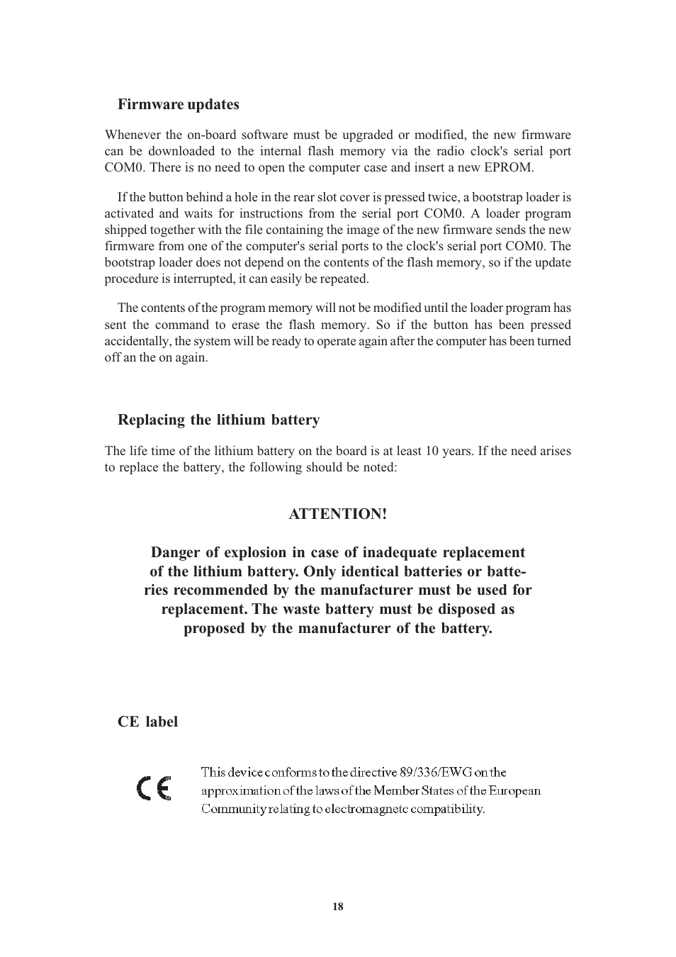 Firmware updates, Replacing the lithium battery, Ce label | Format of the meinberg standard time string | Meinberg DCF77 PCI510 User Manual | Page 18 / 22