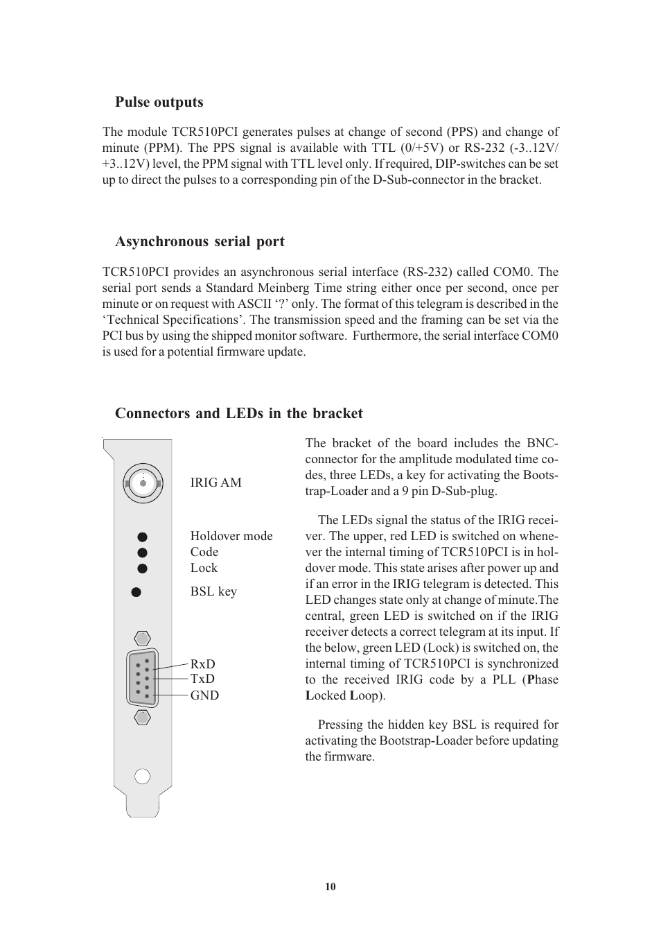 Pulse outputs, Asynchronous serial port, Connectors and leds in the bracket | Meinberg TCR510PCI User Manual | Page 10 / 20