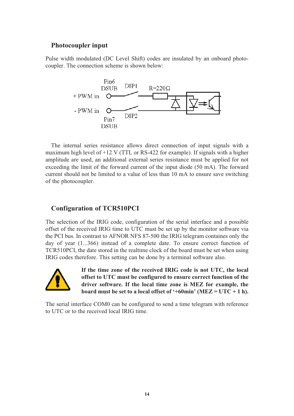 Photocoupler input, Configuration of tcr510pci | Meinberg TCR510PCI User Manual | Page 14 / 20