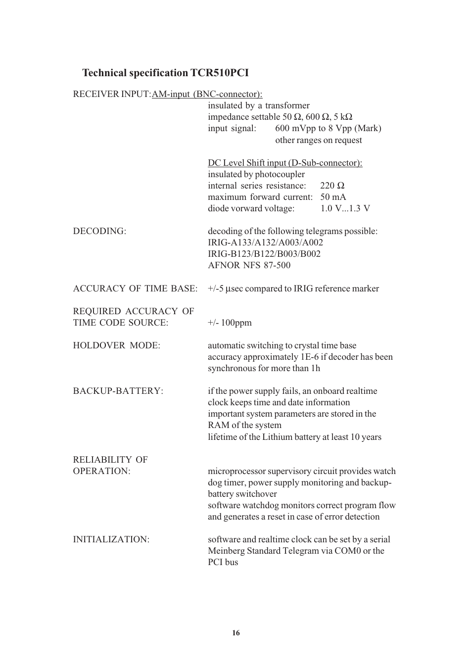 Technical specification tcr510pci | Meinberg TCR510PCI User Manual | Page 16 / 20