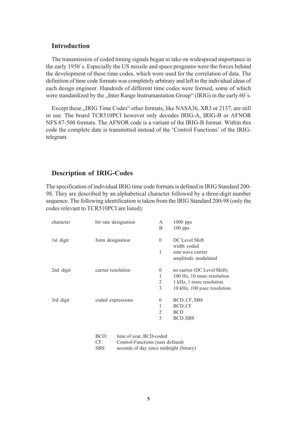 Introduction, Description of irig-codes | Meinberg TCR510PCI User Manual | Page 5 / 20