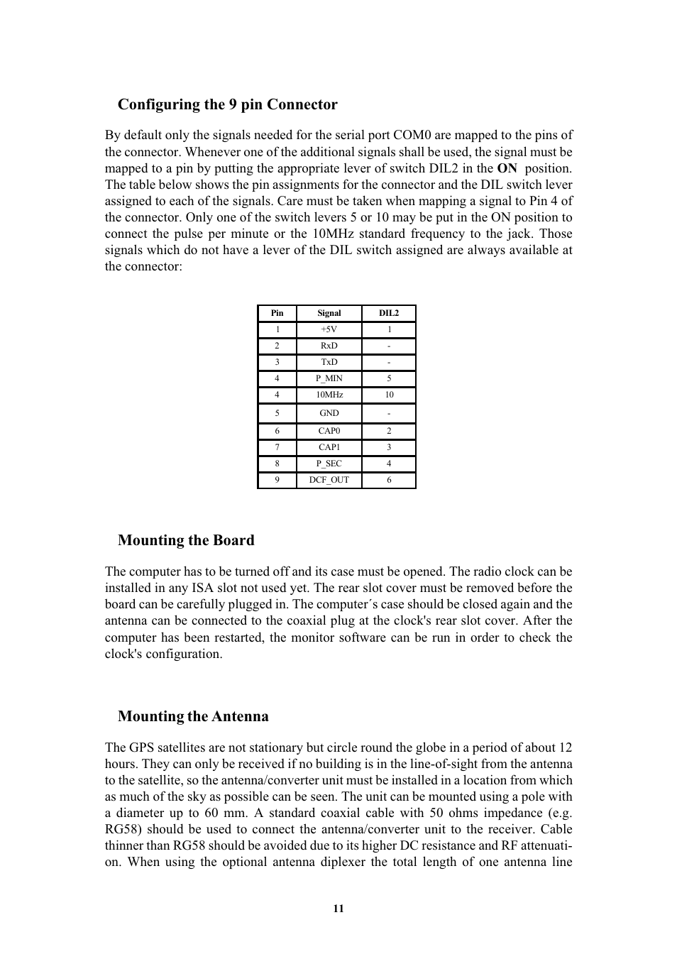 Configuring the 9 pin connector, Mounting the board, Mounting the antenna | Meinberg GPS167PC User Manual | Page 11 / 28