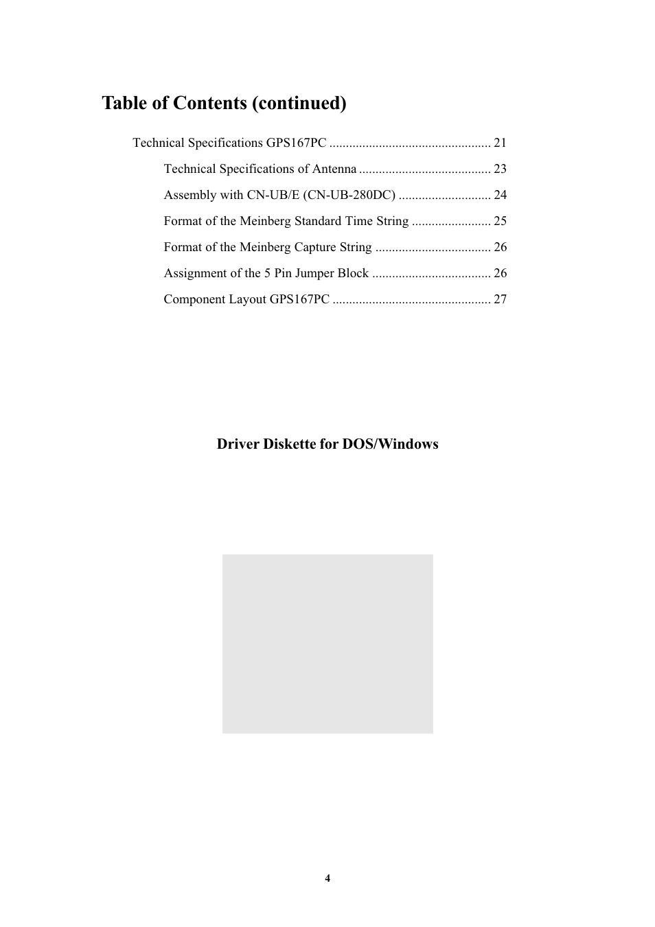 Driver diskette for dos/windows, Table of contents (continued) | Meinberg GPS167PC User Manual | Page 4 / 28