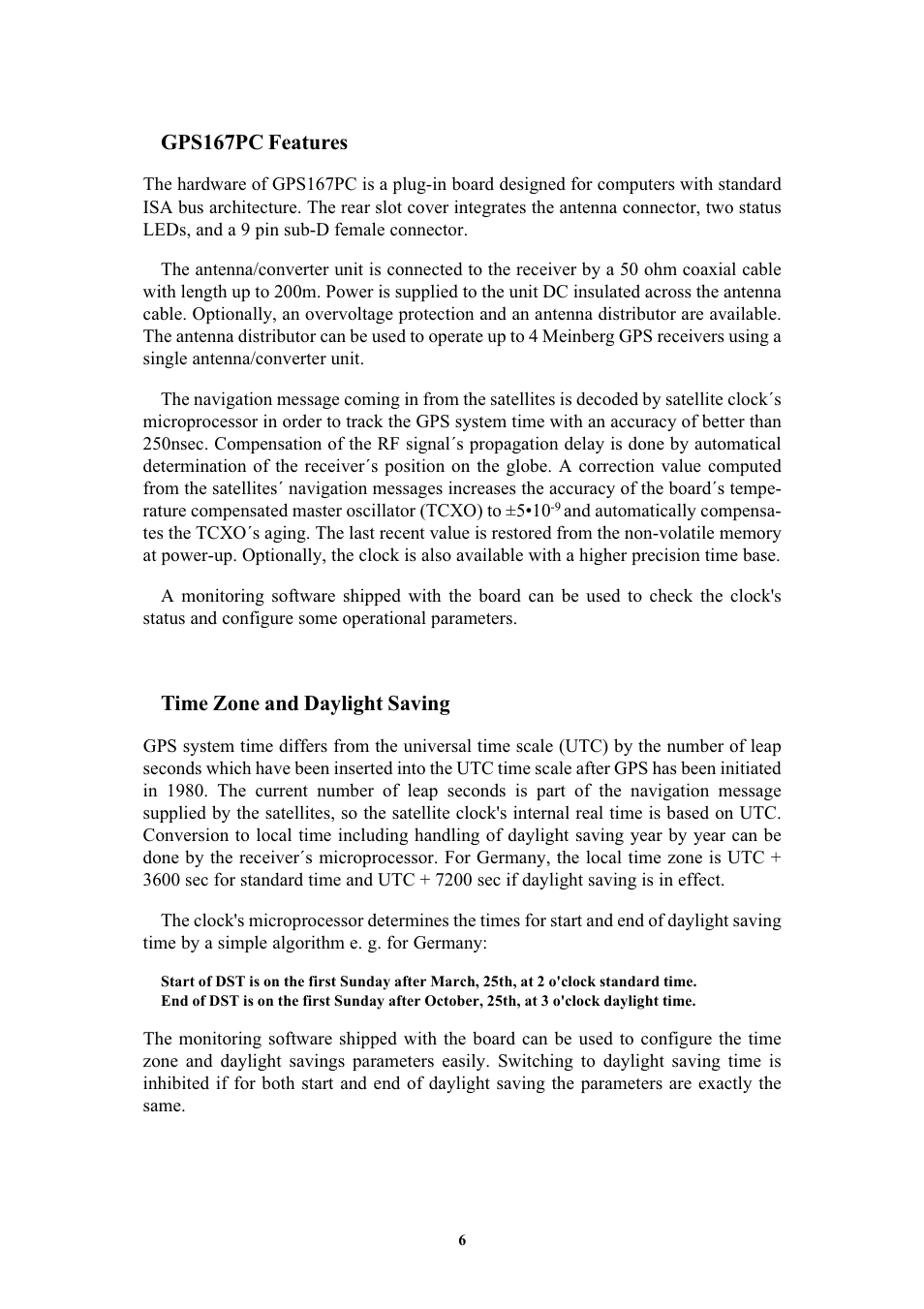 Gps167pc features, Time zone and daylight saving | Meinberg GPS167PC User Manual | Page 6 / 28