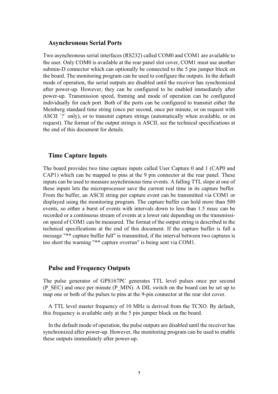 Asynchronous serial ports, Time capture inputs, Pulse and frequency outputs | Meinberg GPS167PC User Manual | Page 7 / 28