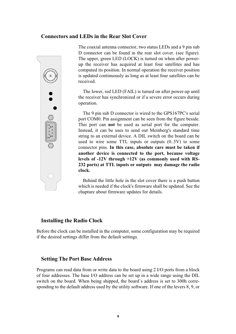 Connectors and leds in the rear slot cover, Installing the radio clock, Setting the port base address | Meinberg GPS167PC User Manual | Page 9 / 28