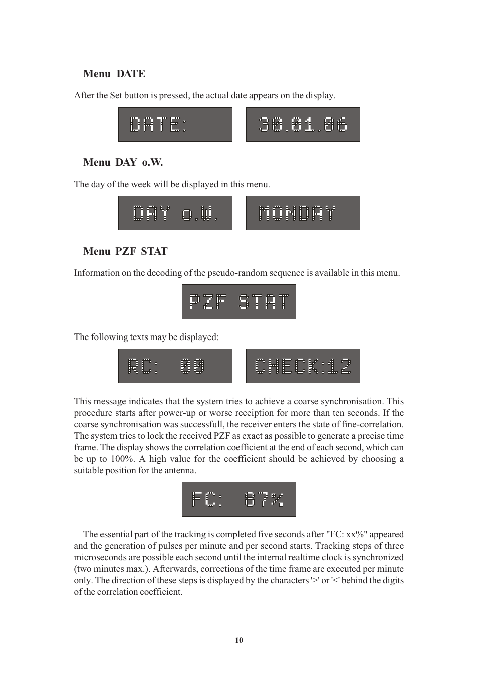 Menu date, Menu day o.w, Menu pzf stat | Meinberg PZF511 User Manual | Page 10 / 36