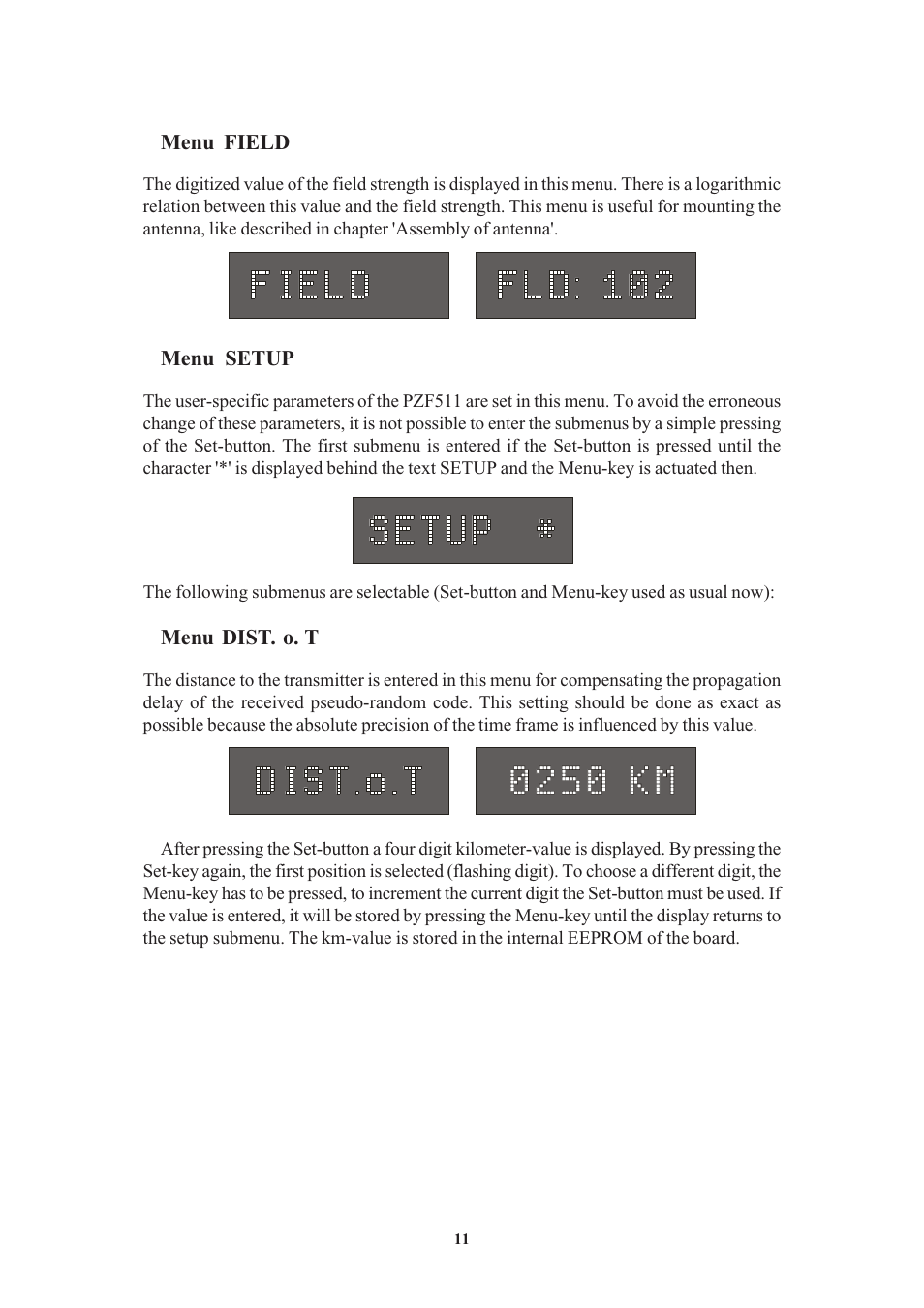 Menu field, Menu setup, Menu dist. o. t | Meinberg PZF511 User Manual | Page 11 / 36