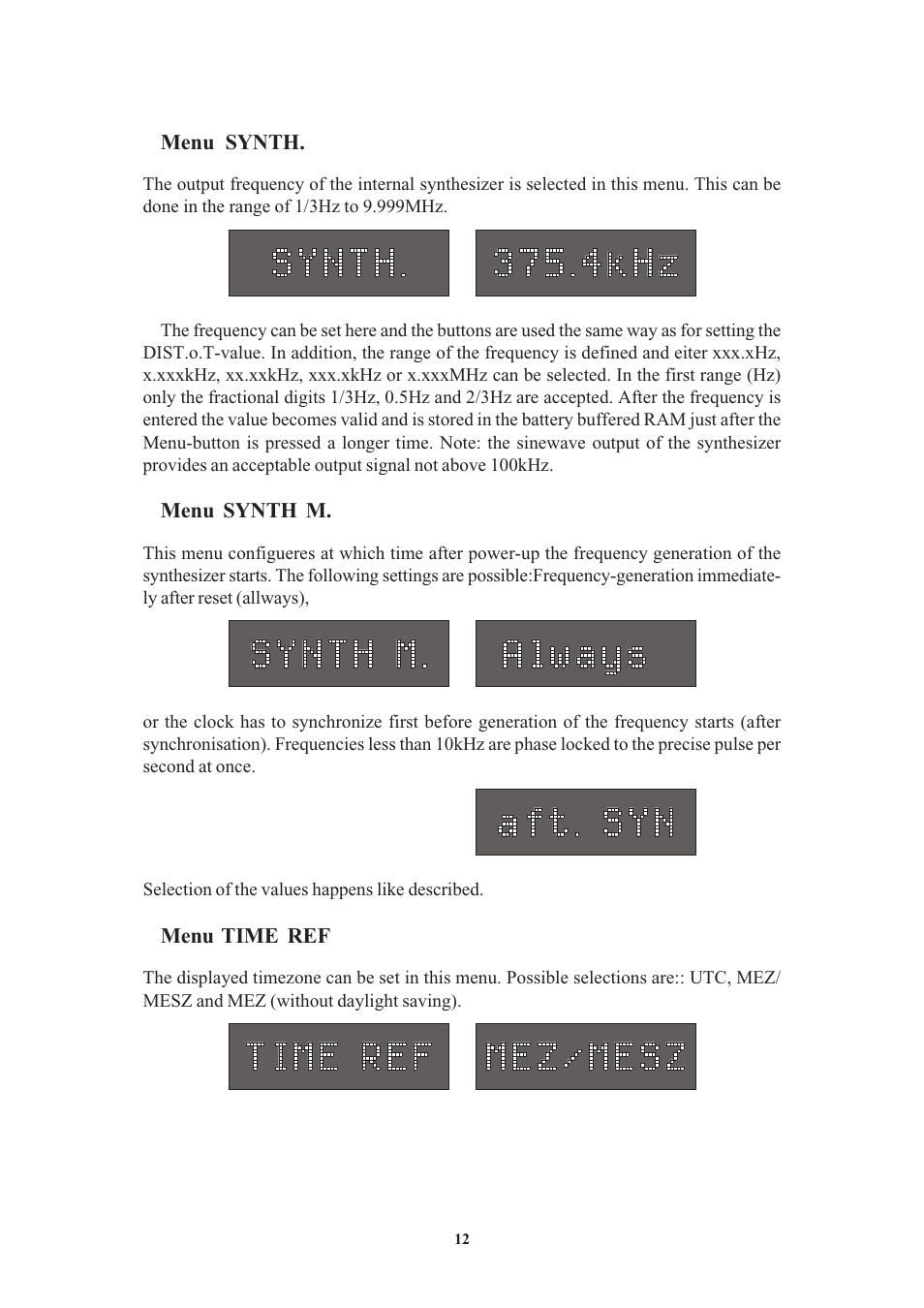 Menu synth, Menu synth m, Menu time ref | Meinberg PZF511 User Manual | Page 12 / 36
