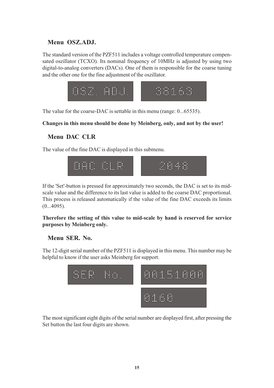 Menu osz.adj, Menu dac clr, Menu ser. no | Meinberg PZF511 User Manual | Page 15 / 36