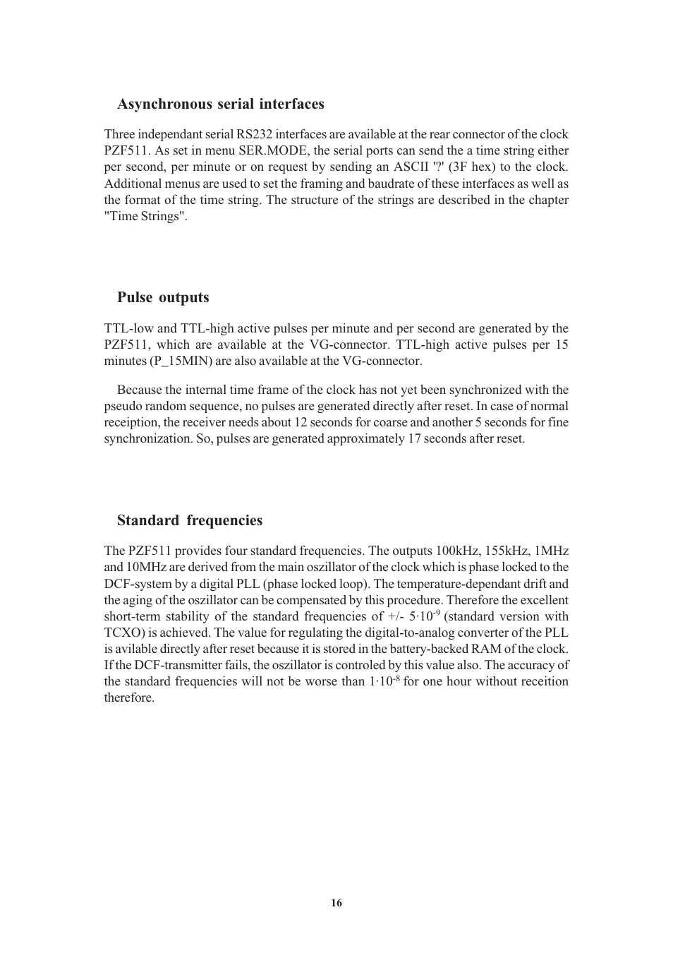 Asynchronous serial interfaces, Pulse outputs, Standard frequencies | Meinberg PZF511 User Manual | Page 16 / 36