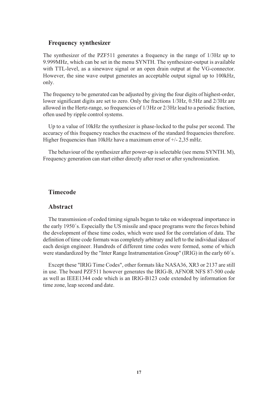 Frequency synthesizer, Timecode, Abstract | Meinberg PZF511 User Manual | Page 17 / 36