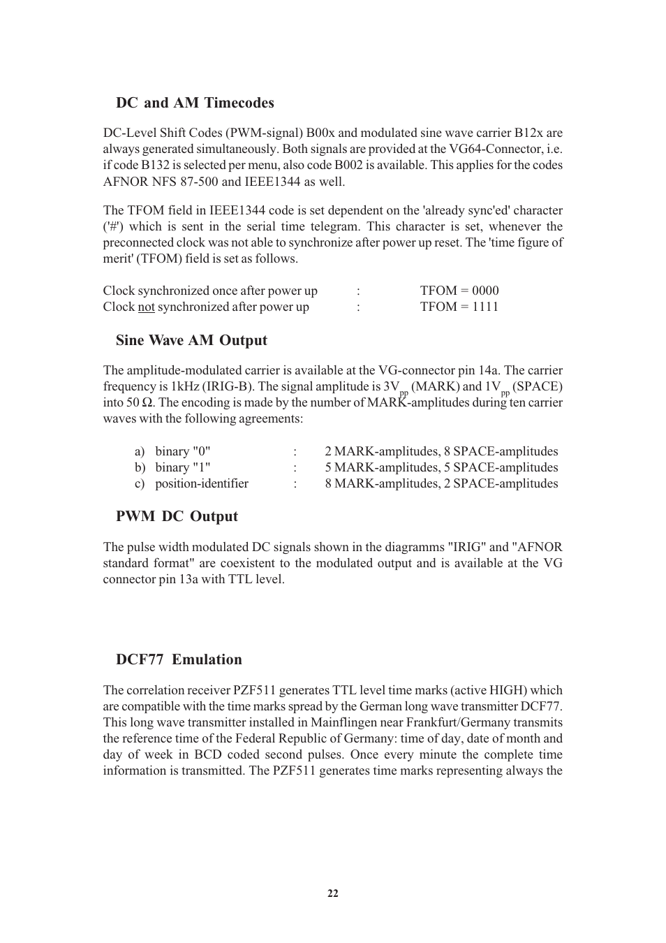 Dc and am timecodes, Sine wave am output, Pwm dc output | Dcf77 emulation | Meinberg PZF511 User Manual | Page 22 / 36
