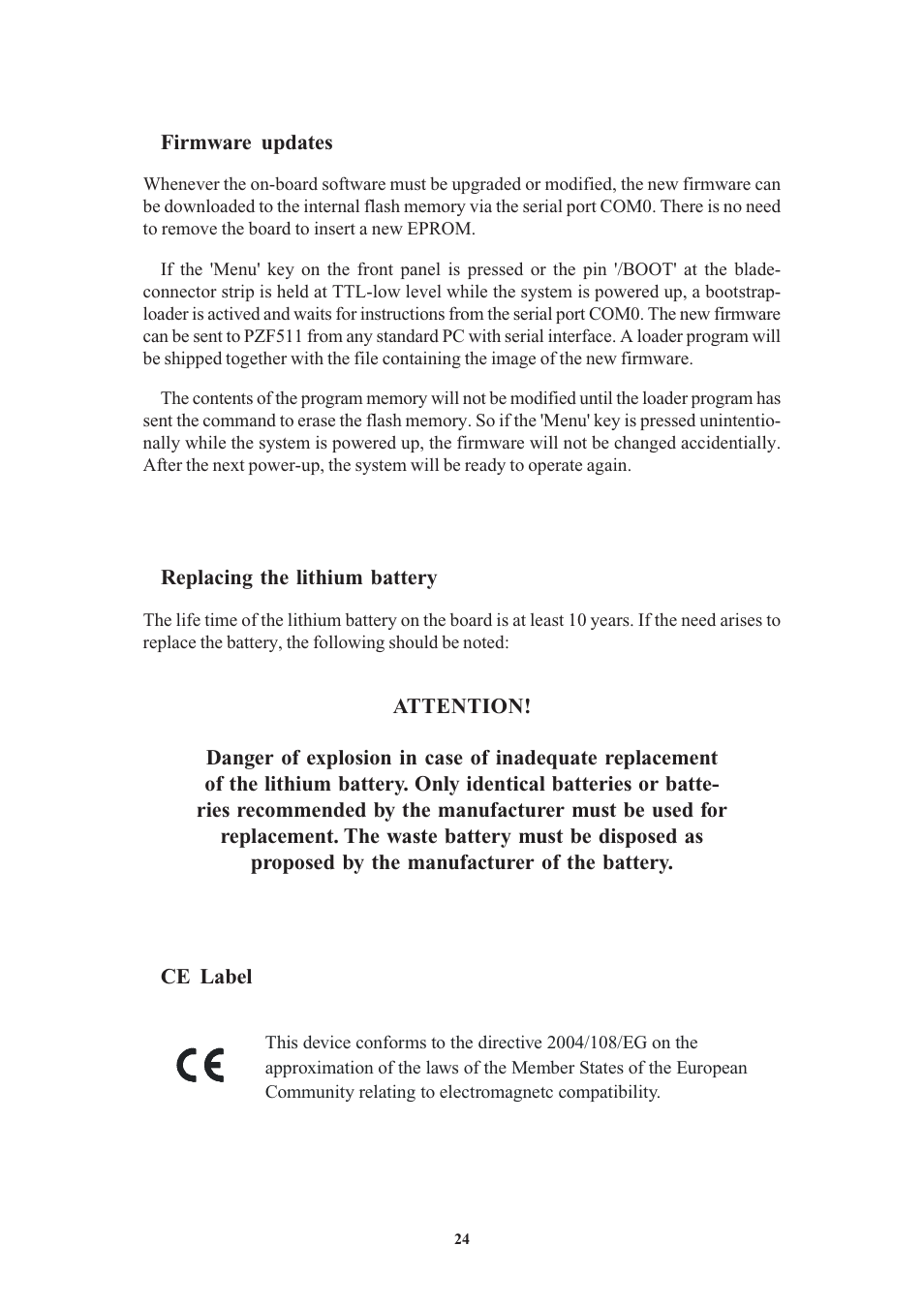 Firmware updates, Replacing the lithium battery, Ce label | Meinberg PZF511 User Manual | Page 24 / 36