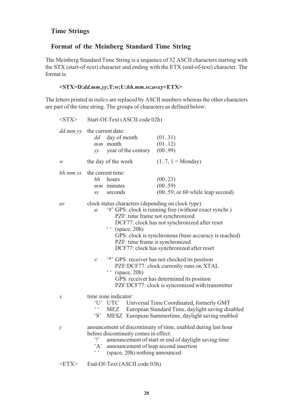 Time strings, Format of the meinberg standard time string, Format of the atis standard time string | Meinberg PZF511 User Manual | Page 28 / 36