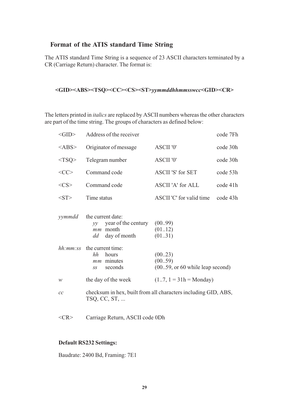 Format of the atis standard time string, Format of the uni erlangen string (ntp) | Meinberg PZF511 User Manual | Page 29 / 36