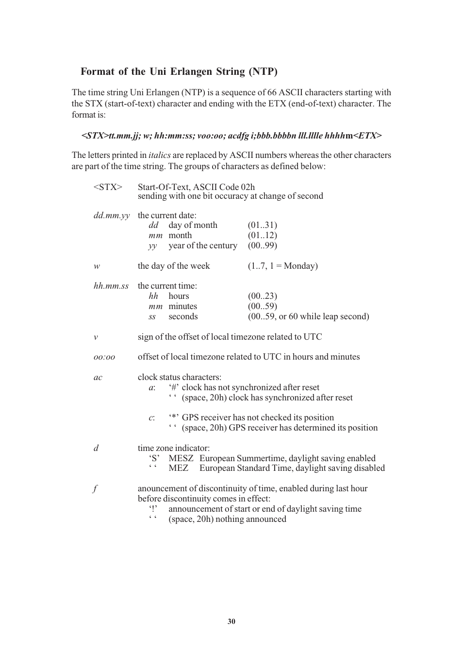 Format of the uni erlangen string (ntp) | Meinberg PZF511 User Manual | Page 30 / 36