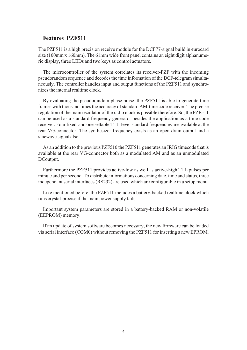 Features pzf511 | Meinberg PZF511 User Manual | Page 6 / 36
