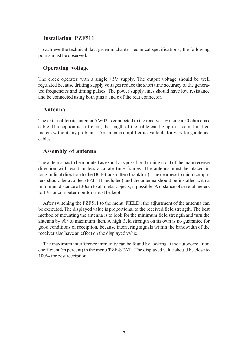 Installation pzf511, Operating voltage, Antenna | Assembly of antenna | Meinberg PZF511 User Manual | Page 7 / 36